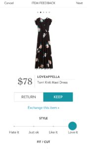 Stitch Fix dress order screen